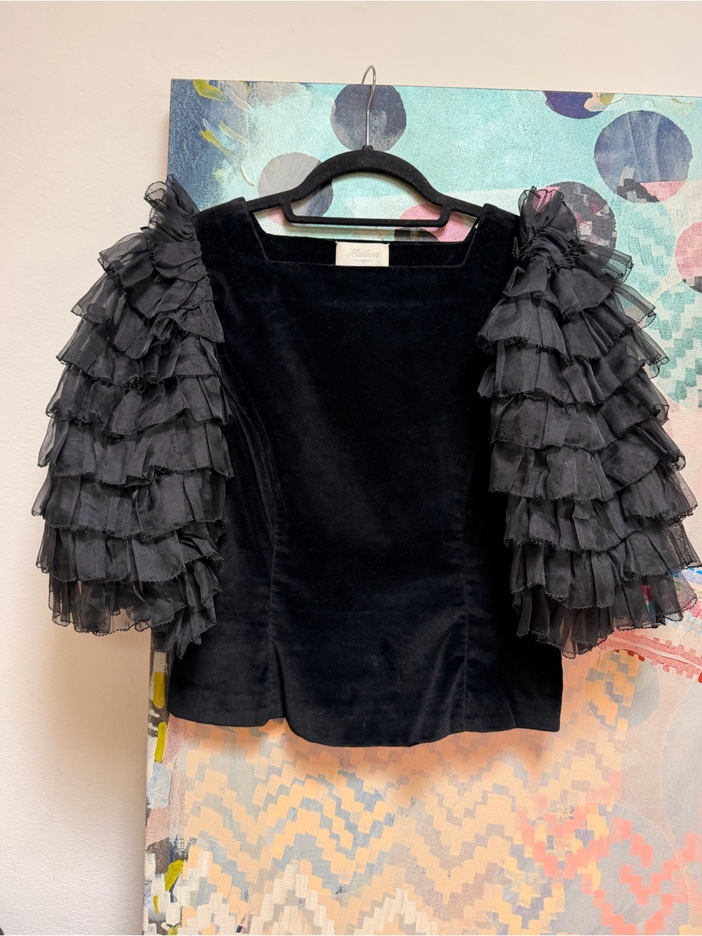 DÔEN Heirloom Black Ruffle-Sleeve Clarette Top Velvet and Silk Sz XS - Picture 3 of 12